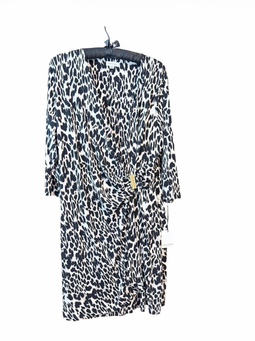 Calvin Klein NWT Wrap Front w/ Gold Detail Black and Cream Animal Print Dress